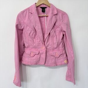 Rocawear Y2K  Bubblegum Pink Cropped Denim Blazer Jacket Womens M Stretch Fitted